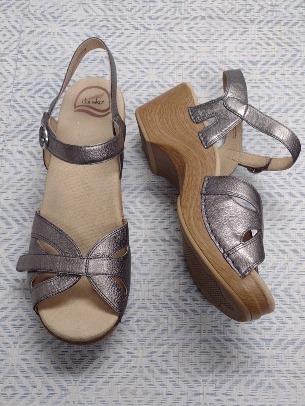 Dansko Silver Leather Wedge Sandals with Wood-Look Heel
